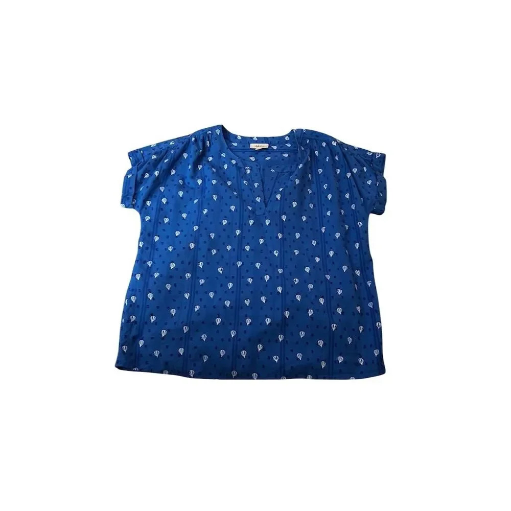 Style and Co. Women's Geometric V-Neck Short Sleeve T-Shirt Blue Size L